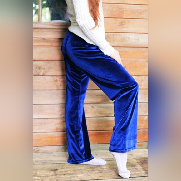 Zenana NWT velvet wide leg elastic waist pants size large blue color - Picture 6 of 10